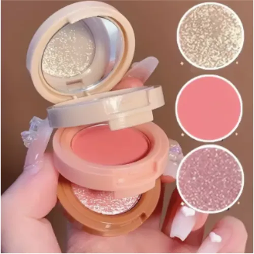 3-in-1 Makeup Palette, Matte & Pearlescent Texture Glitter Blush Highlighter Contouring 3-layer Palette - Product Image