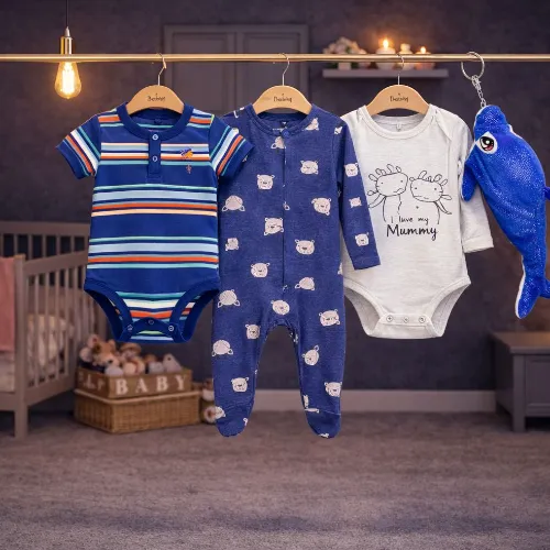 Multi Color 3-Piece Baby Cotton Bodysuit &Romper Set with Cute Blue Dolphin Plush Toy - Product Image