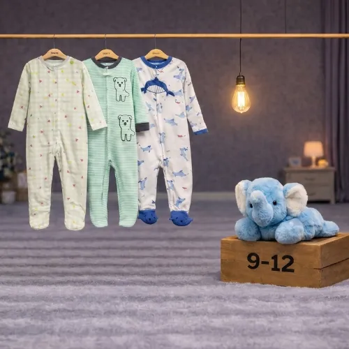 3 Piece Baby Sleepsuit Set with Blue Elephant Plush Toy - Product Image