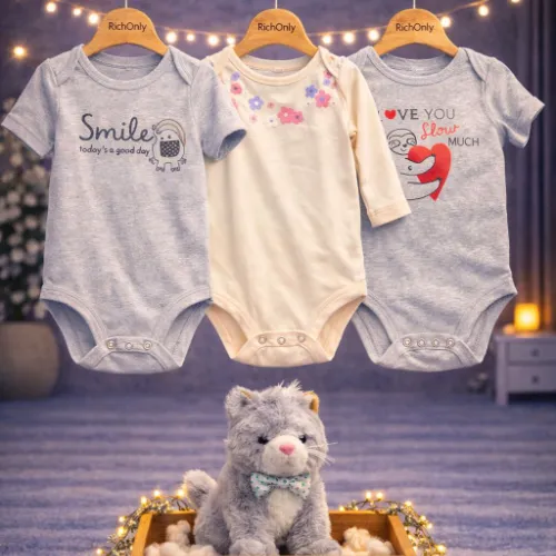 3 Piece Baby Bodysuit Set with Cat Plush Toy - Product Image