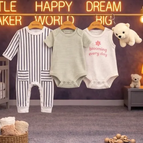 3-Piece Baby Cotton Outfit Set Or Rompers with Cute White Teddy Bear Plush Toy - Product Image