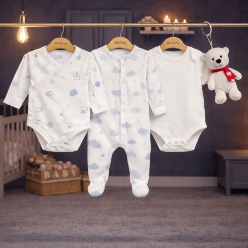 3-Piece Baby Cotton Bodysuit & Romper Set with Cute Teddy Bear Plush Toy - Product Image