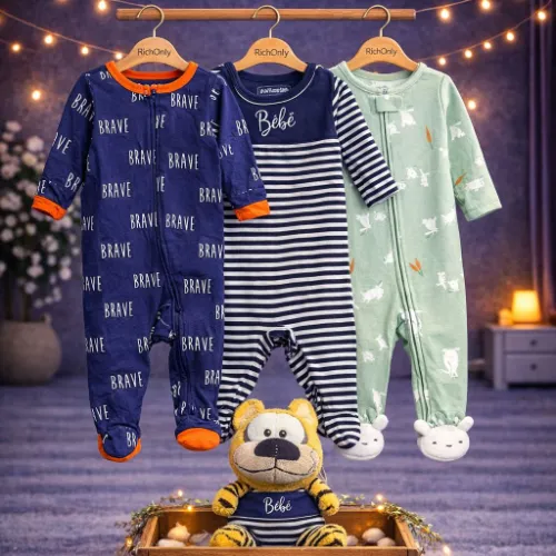 3 Piece Baby Sleepsuit Set with Tiger Plush Toy - Product Image