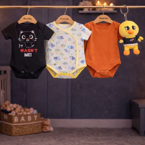 3-Piece Baby Cotton Bodysuit Set with Cute Duck Plush Toy - Product Image