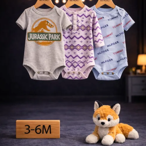 Baby Boys Printed & Patterned Cotton Rompers Set with Fox Plush Toy - Product Image