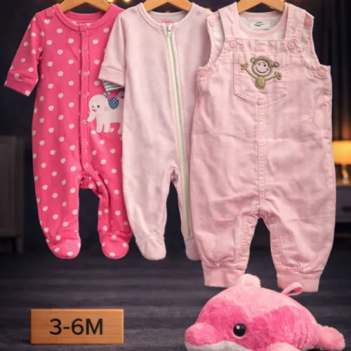 Baby Girls Pink Cotton Rompers Set with Dungaree Romper & Dolphin Plush Toy  - Product Image
