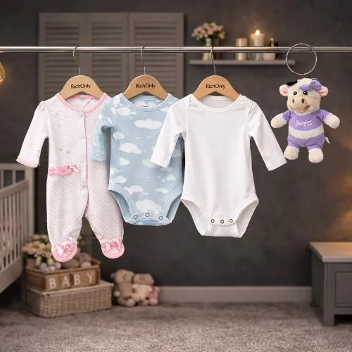 3-Piece Baby Cotton Bodysuit & Romper Set with Cute Cow Plush Toy - Product Image