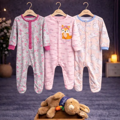 3 Piece Baby Sleepsuit Set with Bunny Plush Toy - Product Image