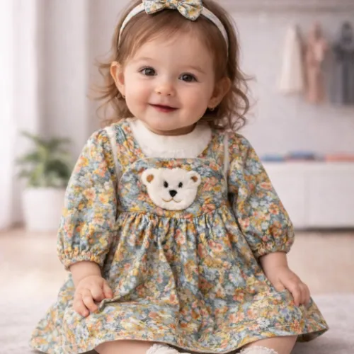 Cute Teddy Pocket Floral Kids Dress - Product Image