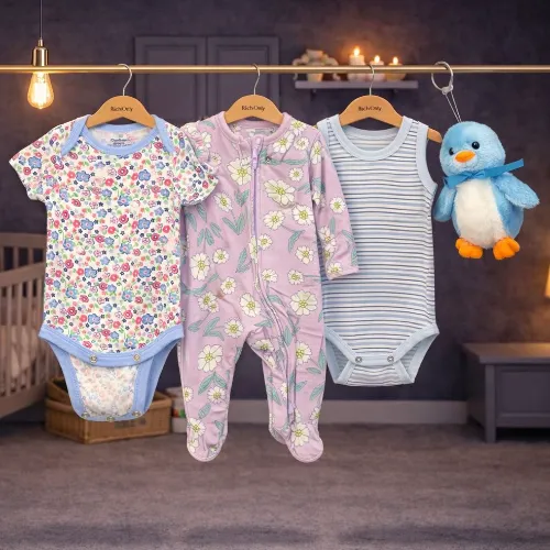 3-Piece Baby Cotton Outfit Multi Color Set with Cute Blue Penguin Plush Toy - Product Image