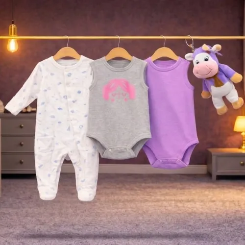 3-Piece Baby Cotton Outfit Set Or Rompers with Cute Purple Cow Plush Toy - Product Image