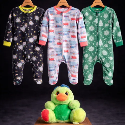 3 Piece Baby Sleepsuit Set with Duck Plush Toy - Product Image