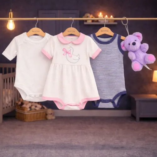 3-Piece Baby Cotton Bodysuit Dress & Romper Set with Cute Purple Teddy Bear Plush Toy - Product Image