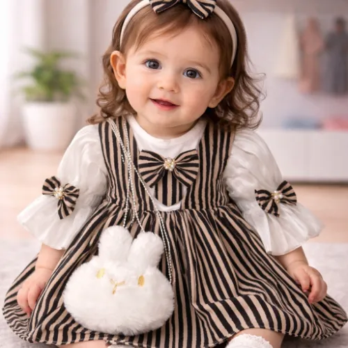 Elegant Striped Bunny Purse Baby Girl Party Dress - Product Image