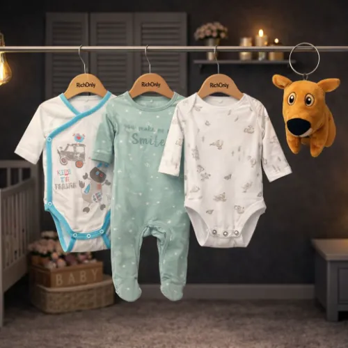 3-Piece Baby Cotton Bodysuit & Romper Set with Cute Hanging Puppy Plush Toy New Born Baby 0-1 Month - Product Image