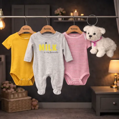 3-Piece Baby Cotton Bodysuit & Romper Set with Cute Teddy Bear Plush Toy - Product Image