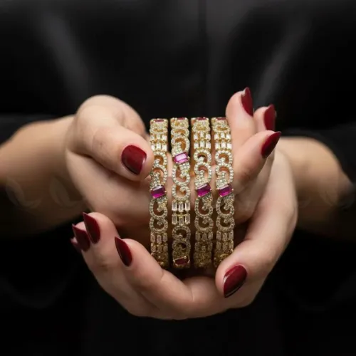 Ancestral Motif Ornate Jewel Bangles - Pink - Product Image