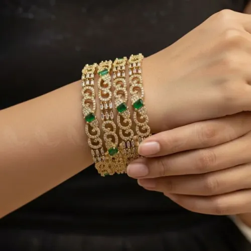 Ancestral Motif Ornate Jewel Bangles - Green - Product Image