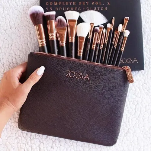 Makeup Brush Set 15 Pcs Travel Clutch Brown Rose G