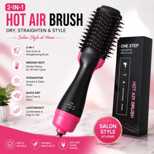 2-in-1 Hot Air Brush Hair Dryer &amp; Straightening Br