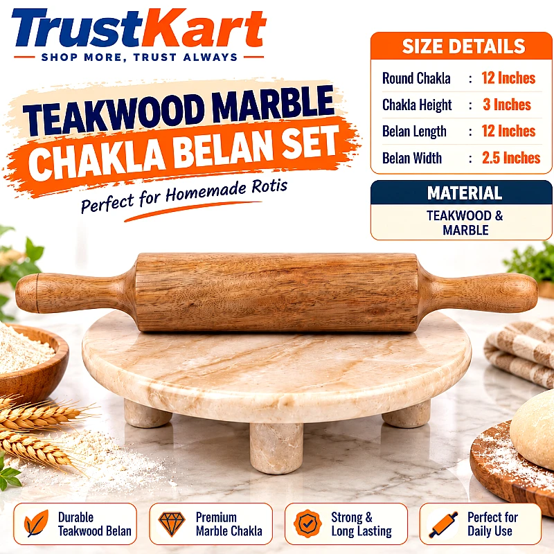 12 Teak Wood Style Marble Chakla Belan Set