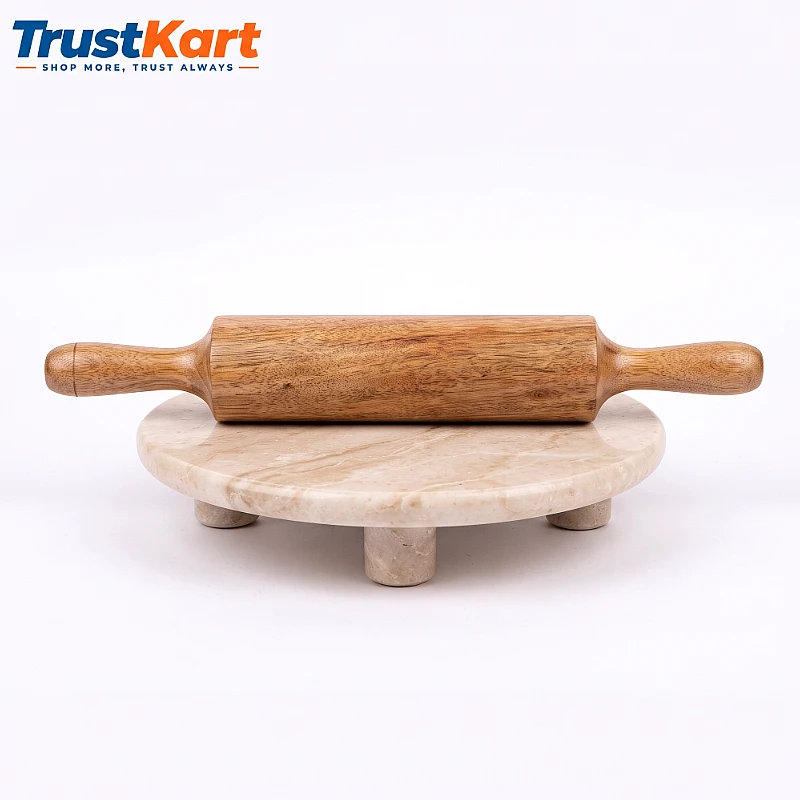 12 Teak Wood Style Marble Chakla Belan Set