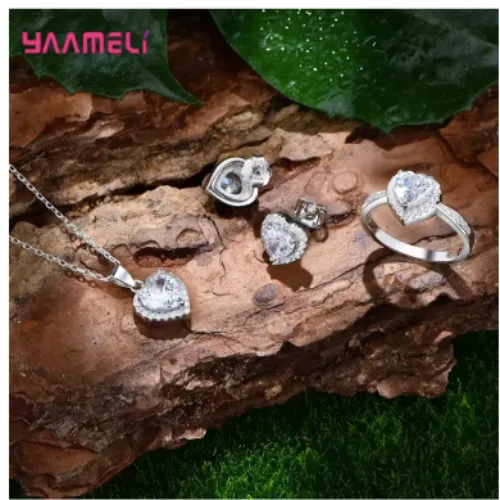 Romantic Birthday Valentines Day Gift Luxury 925 Sterling Silver Color Jewelry Sets Cubic Zircon Heart Ring Necklace Earrings - Product Image