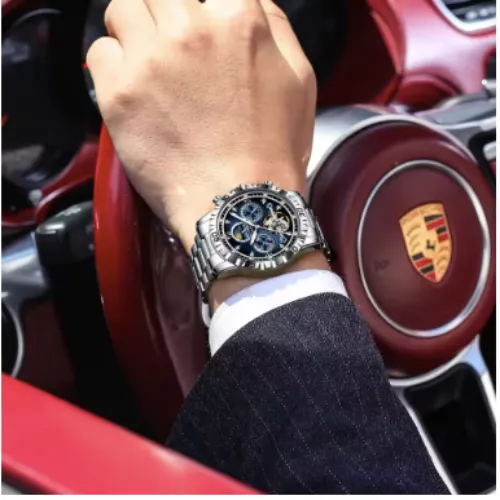  POEDAGAR Business Top Watch For Man Hollow Tourbillon Automatic Mens Watches Date Week Mechanical Stainless Steel Men Clock+Box - Product Image