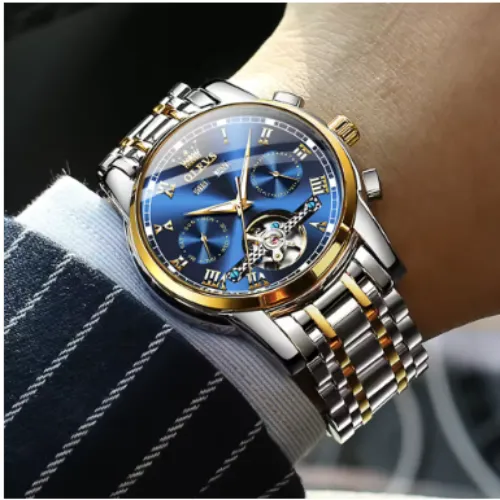 OLEVS Mens Watches Automatic Mechanical Business Wristwatch Waterproof Stainless Steel Strap Watch for Man Skeleton Calendar - Product Image