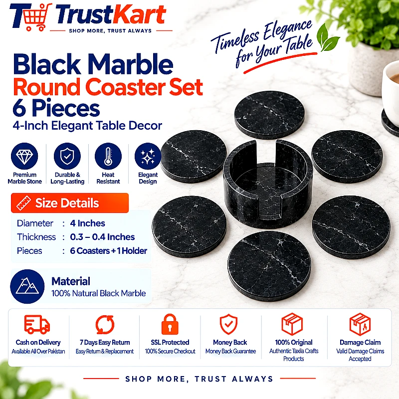 4 Black Marble Round Coaster Set