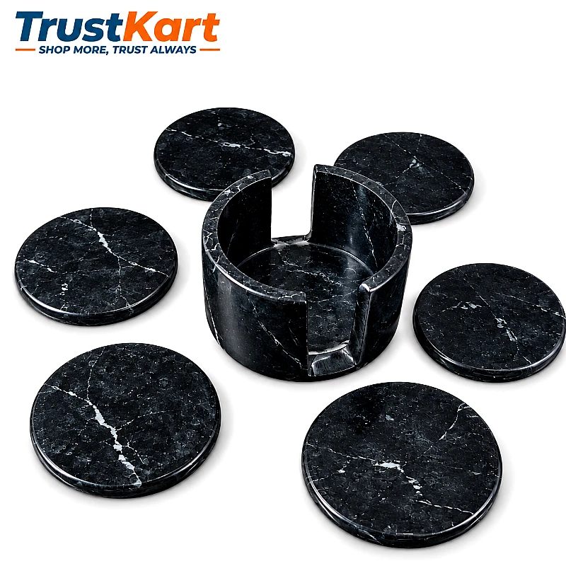 4 Black Marble Round Coaster Set