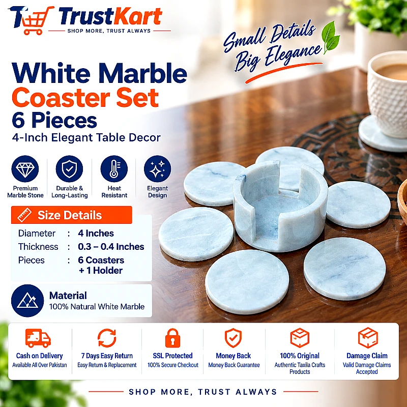4 White Marble Round Coaster Set 