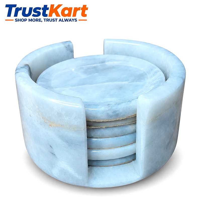 4 White Marble Round Coaster Set 