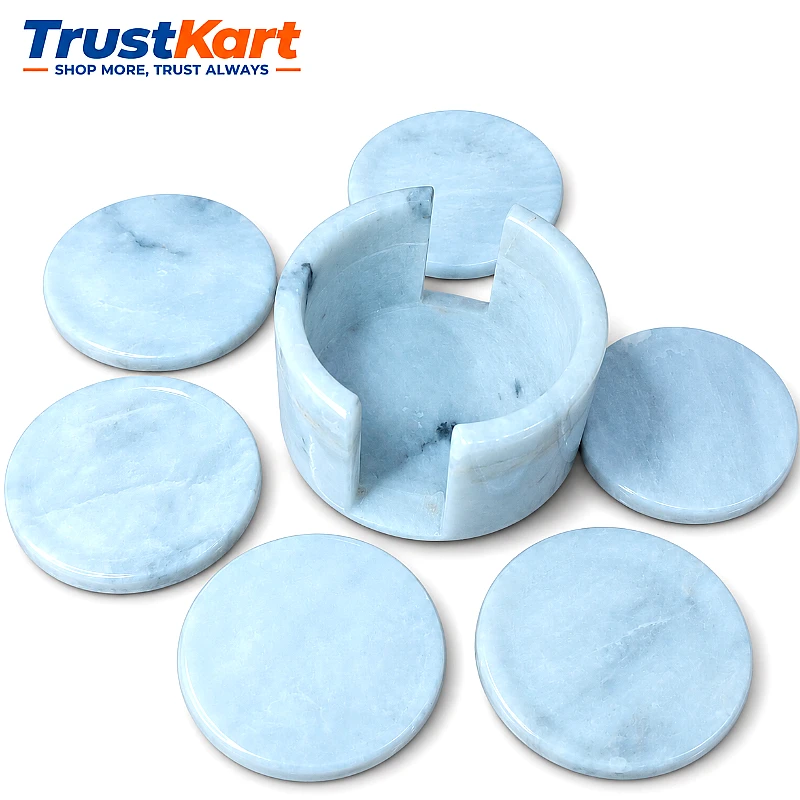 4 White Marble Round Coaster Set 