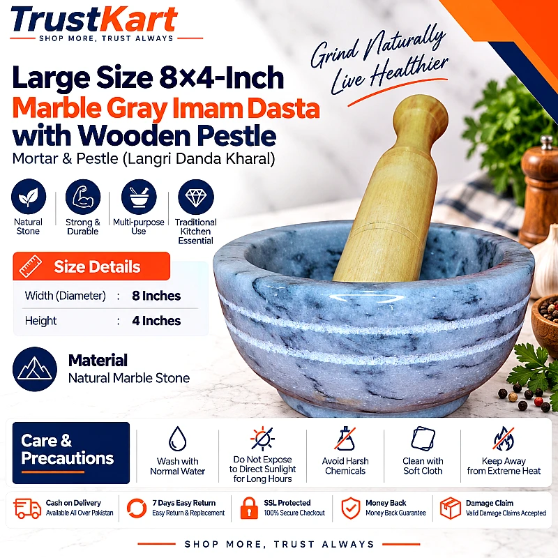 8 × 4 Marble Gray Imam Dasta with Wooden Pestle