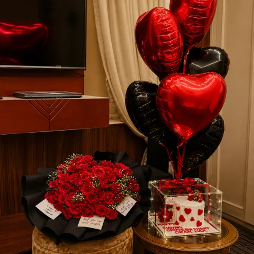 Anniversary Rose, Balloon &amp; Cake Gift Hamper