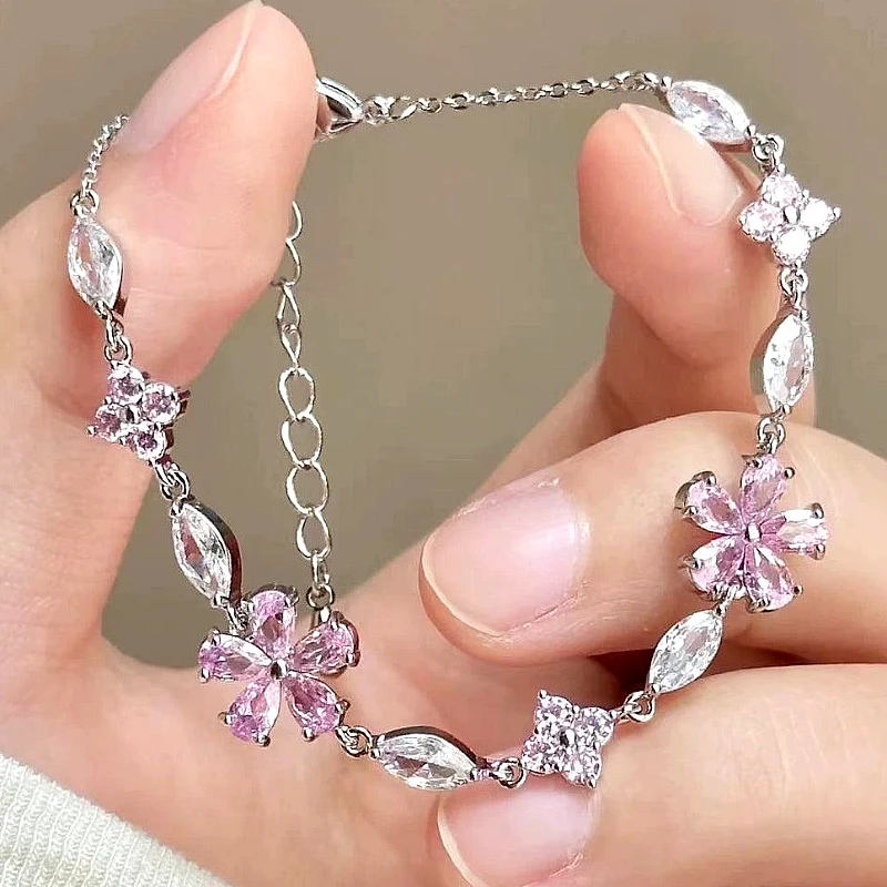 ATEVORA Pink Blossom Crystal Floral Bracelet - Product Image