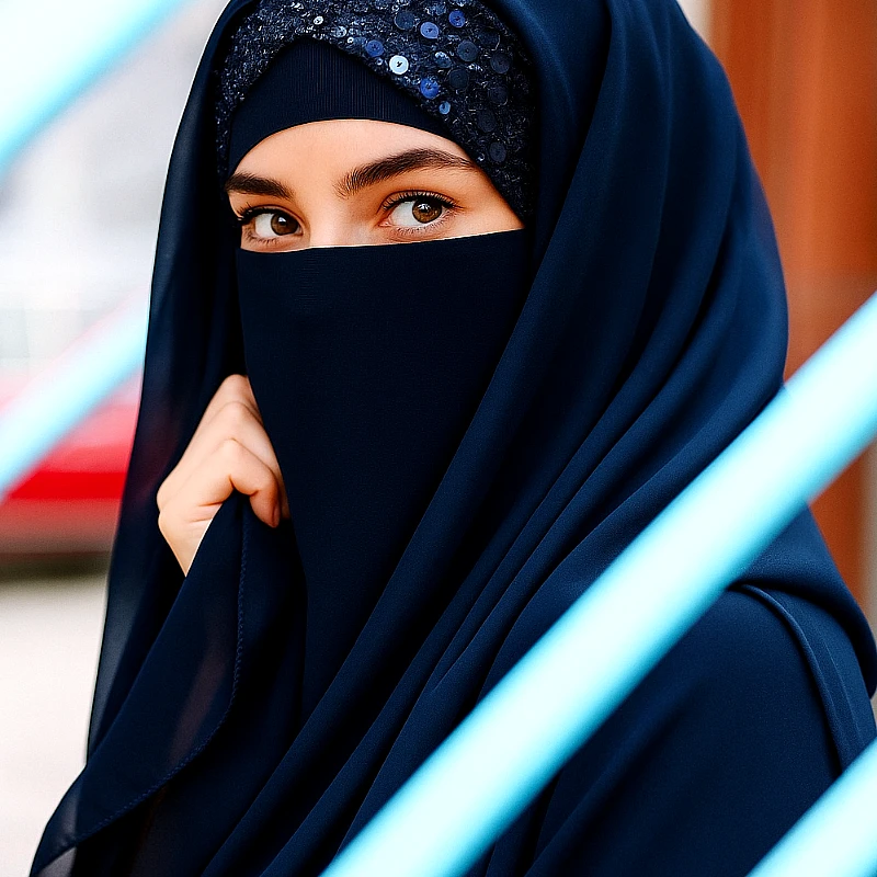 Chiffon Scarf with Attached Sparkle Cap Dark Blue