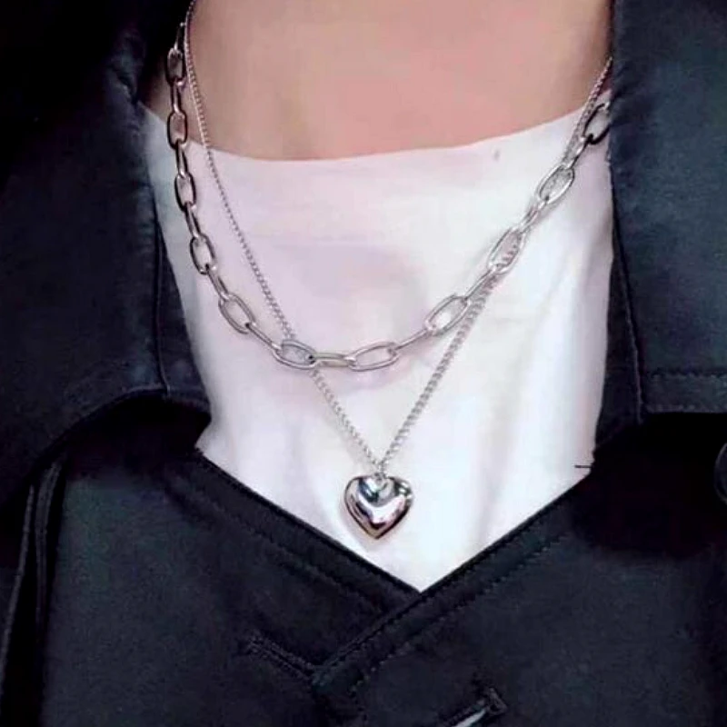 Double-Layer Paperclip Chain Puffy Heart pendant
