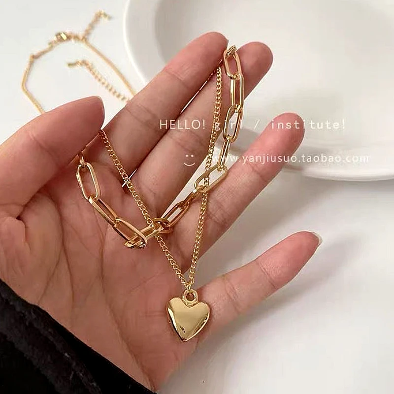 Double-Layer Paperclip Chain Puffy Heart pendant