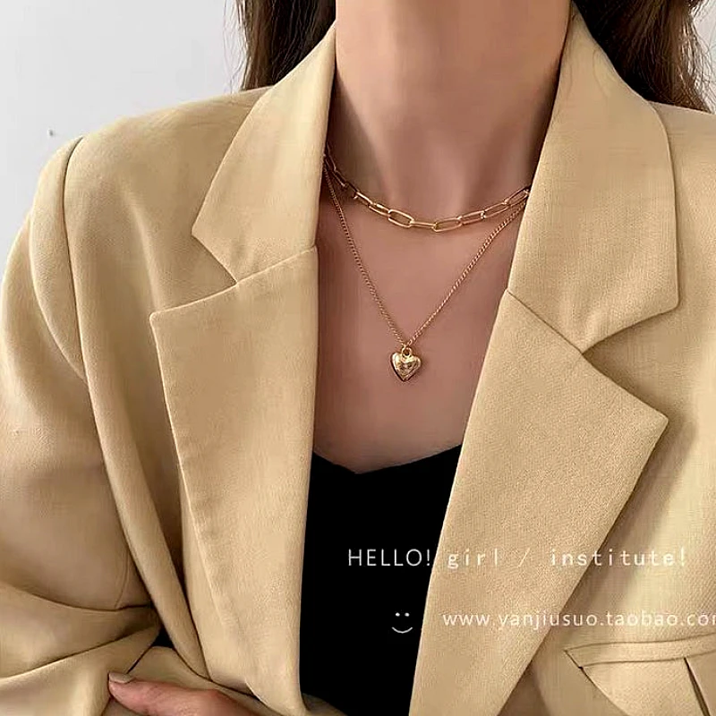 Double-Layer Paperclip Chain Puffy Heart pendant