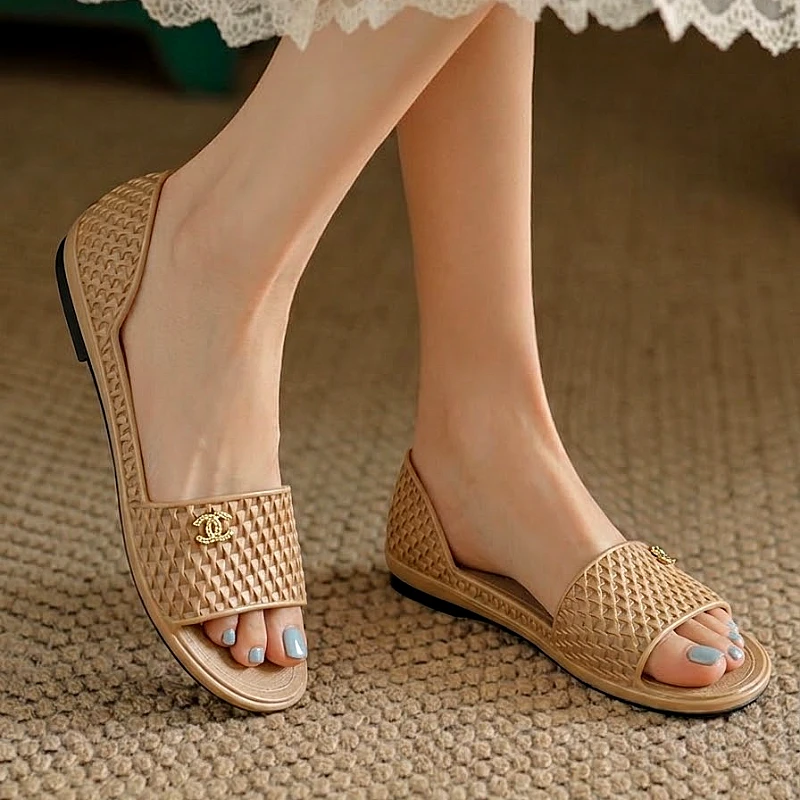 Elegant Woven Slide Sandals with Gold Buckle
