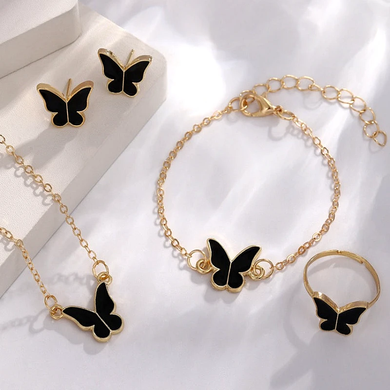Gold-Tone Black Butterfly Jewelry Set