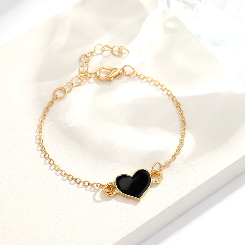 Gold-Tone Black Enamel Heart Charm Chain - Product Image