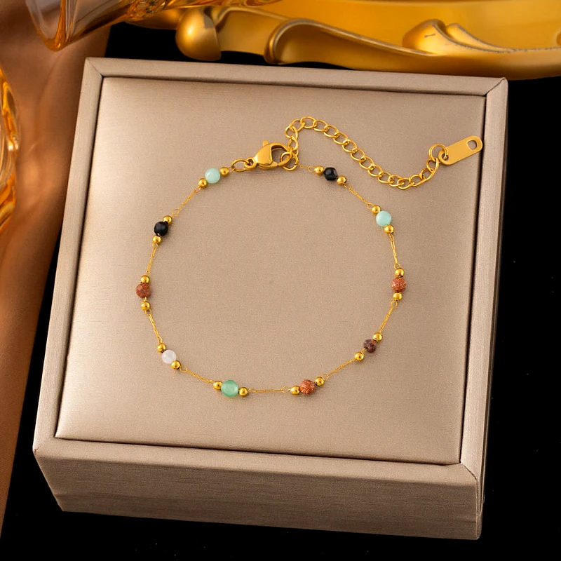Gold-Tone Dainty Multi-Gemstone Bead Station Chain - Product Image