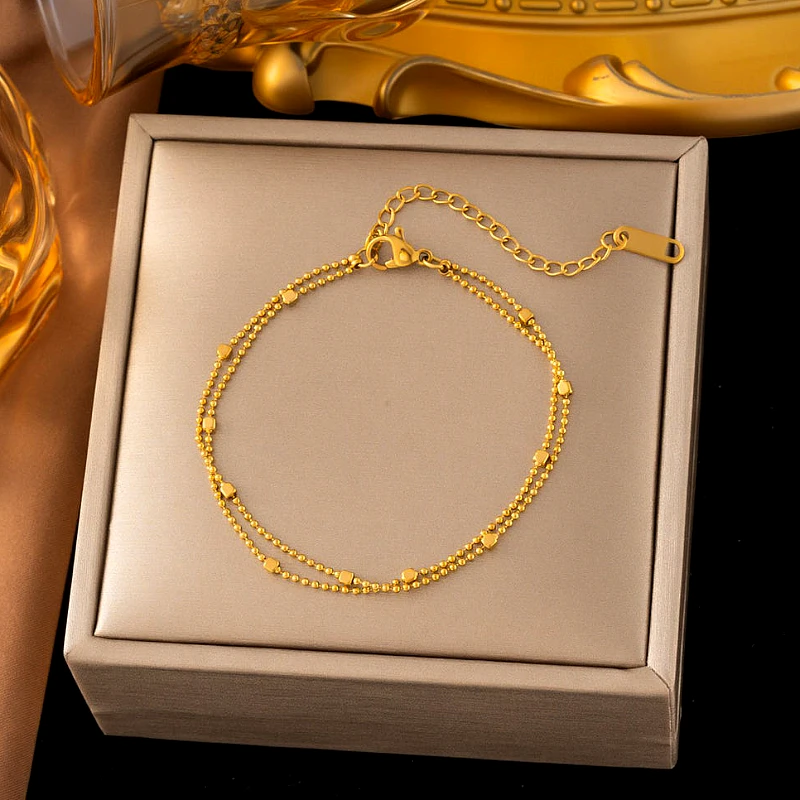 Gold-Tone Double-Layer Beaded Station Chain Bracel - Product Image