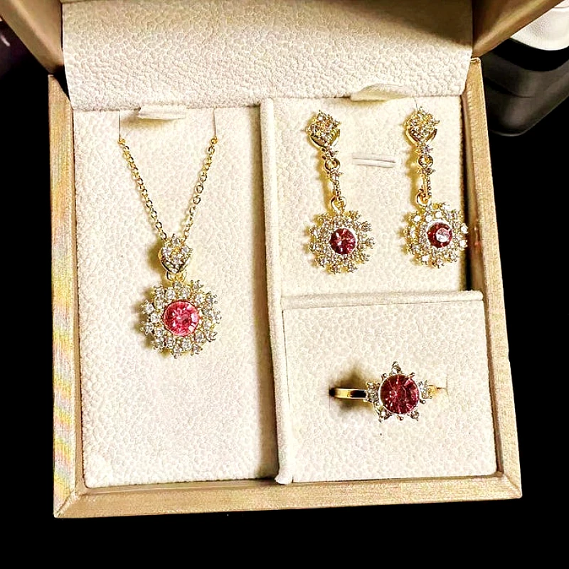 Gold-Tone Ruby Red Crystal Floral Halo Jewelry Set