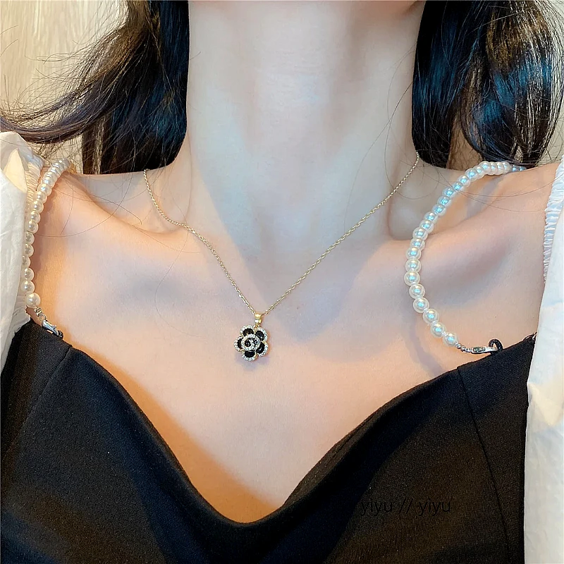 Luxury Black Flower Pearl Jewelry Set