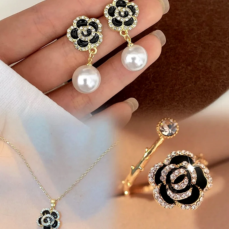 Luxury Black Flower Pearl Jewelry Set