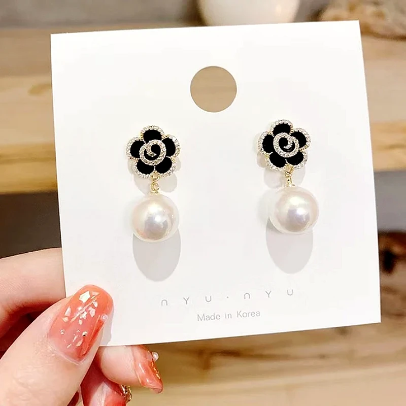 Luxury Black Flower Pearl Jewelry Set